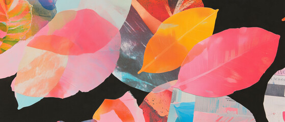 Poster - Minimalistic mixed media collage of colorful leaves against a black background