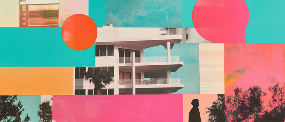 Poster - Minimalistic mixed media collage showcasing a building silhouette with colorful textures