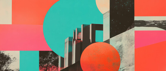 Poster - Minimalistic mixed media collage featuring geometric forms and a central building silhouette