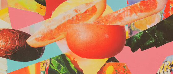 Poster - Mixed media collage featuring playful food forms with a vibrant backdrop