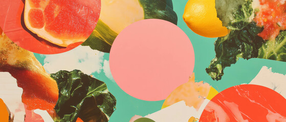 Poster - Minimalistic mixed media collage featuring playful food silhouettes and colorful textures