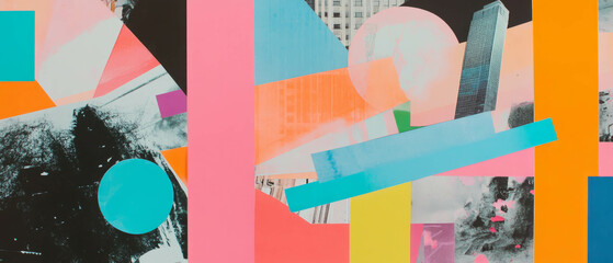 Poster - Minimalistic mixed media collage featuring vibrant geometric shapes and skyscraper elements