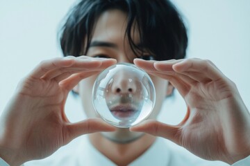 Poster - Ethereal Glass Innovation Japanese Male in Modern Reflective Portrait with Glass Orb for Creative Marketing and Artful Design Applications