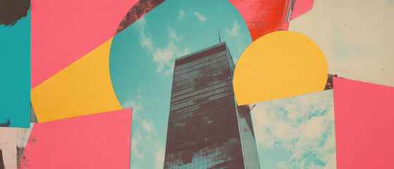 Poster - Minimalistic mixed media collage featuring a fragmented skyscraper and colorful geometric shapes