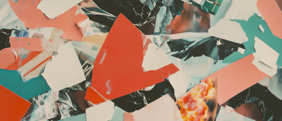Poster - Colorful minimalistic mixed media collage featuring pizza box fragments and playful textures