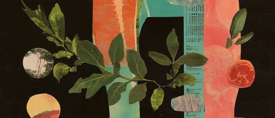 Poster - Minimalistic mixed media collage featuring plant anatomy diagrams and colorful textures