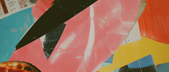 Poster - Minimalistic mixed media collage using pizza box fragments and colorful textures