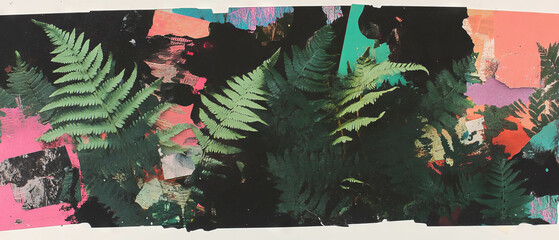 Aufkleber - Mixed media collage featuring pressed ferns and colorful textures on a dark background