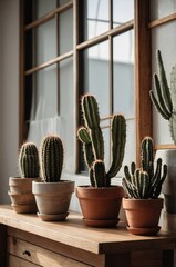 Poster - various cacti in pots arranged on a wooden table near windows during daylight