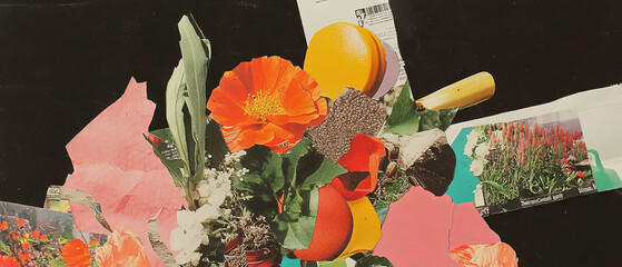 Poster - Mixed media collage showcasing seed packets and gardening tools with a playful design