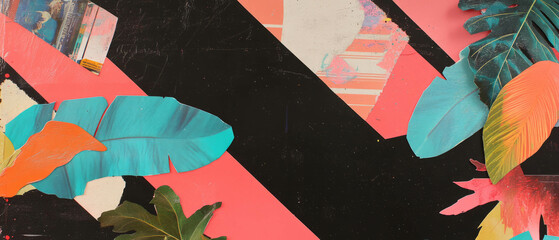 Fototapete - Stylized leaf patterns create a bold minimalistic mixed media collage with geometric elements