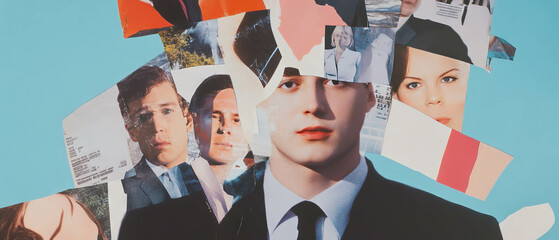 Poster - Collaborative efforts represented in a minimalistic mixed media collage emphasizing teamwork