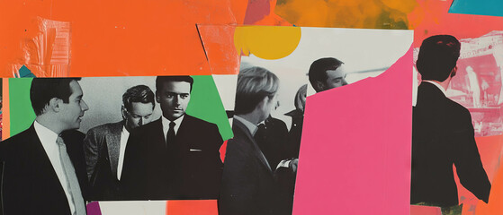 Poster - Minimalistic collage displaying teamwork among diverse business professionals