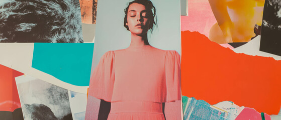 Poster - Minimalistic mixed media collage showcasing textile textures in a vibrant fashion studio