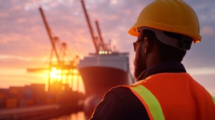 Aufkleber - Urban Industrial Logistics Aesthetic Port Worker in Safety Gear with Shipping Containers and Cranes at Sunset - Enhancing Efficiency and Sustainability in Global Supply Chains
