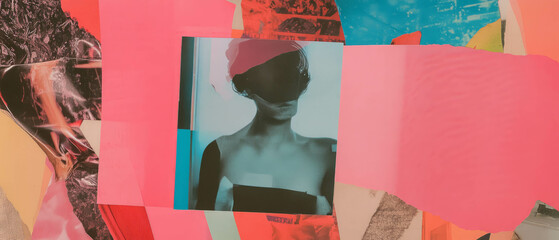 Aufkleber - Minimalistic mixed media collage showcasing a vibrant fashion studio theme with textile textures