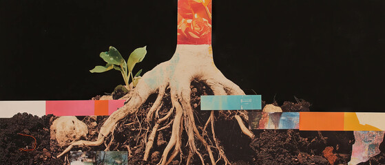 Poster - Exploring textures and colors in a minimalistic mixed media collage with roots and soil