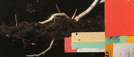 Poster - Mixed media collage featuring soil textures and playful magazine cutouts on a black backdrop