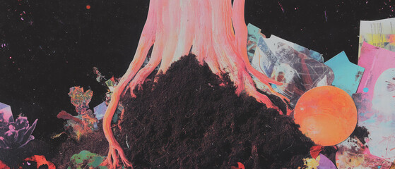 Poster - Creative mixed media collage showcasing vibrant textures and natural elements