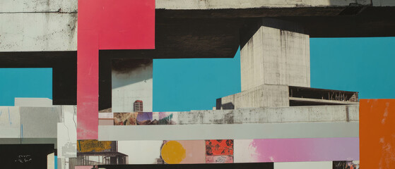Poster - Industrial building collage with concrete and magazine textures in minimalistic style