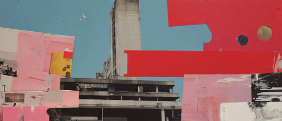 Poster - Industrial collage featuring concrete, steel, and vibrant magazine textures