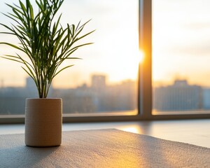 Canvas Print - Biophilic Corporate Meditation Eco Yoga Mat and Textured Plant in Sunlit Office Enhancing Workplace Tranquility and Sustainable Mindfulness Practices