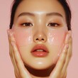 © Ryzhkov - K-Beauty Glow Sheet Mask Ritual on Radiant Skin with Soft Pink Hues - Modern Skincare for Digital Content and Wellness Retail Marketing