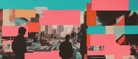 Poster - Colorful minimalistic mixed media collage depicting a vibrant city life