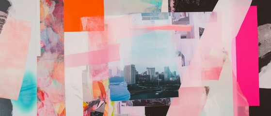 Poster - Mixed media collage showcasing panoramic city view with colorful textures and playful elements