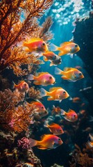 Poster - Brightly colored fish glide gracefully through a sunlit underwater world, weaving between coral formations in a vibrant display of marine life