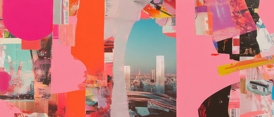 Poster - Exploring vibrant urban landscapes through playful mixed media collage techniques