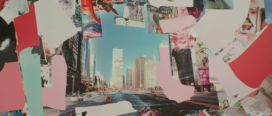Poster - Exploring urban life through a minimalistic mixed media collage of vibrant city perspectives