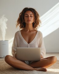 Aufkleber - Indoor Air Quality Tech Latina Woman Engaged with Sleek Air Purifier and Humidifier - Modern Home Wellness and Urban Living Enhancement