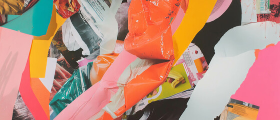 Aufkleber - Minimalistic mixed media collage featuring vibrant food wrappers and colorful textures