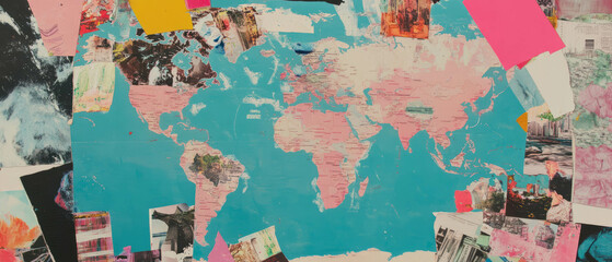 Aufkleber - Creative collage combining a world map and international business center with vibrant textures