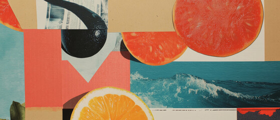 Poster - Minimalistic mixed media Constructivist collage featuring geometric fruit forms and vibrant textures