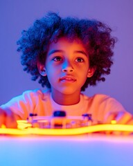 Fototapete - Neon Tech Learning Young Boy with Curly Hair Engages with -Printed Robot - Empowering Digital Education and Innovation in Youth Spaces