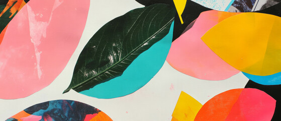 Poster - Minimalistic De Stijl inspired collage with vibrant leaf shapes and textures