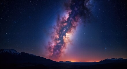Wall Mural - night sky view over mountains. milky way galaxy glows over dark landscape. stars twinkle above silho
