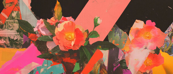 Poster - Playful geometric collage blending pressed flowers and colorful textures in a minimalistic style