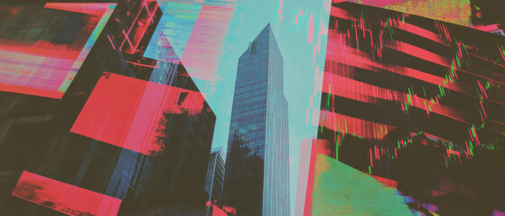 Poster - Geometric collage blending stock market elements with vibrant textures surrounding a skyscraper