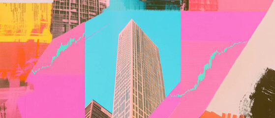 Poster - Mixed media geometric collage combining skyscrapers and stock market charts