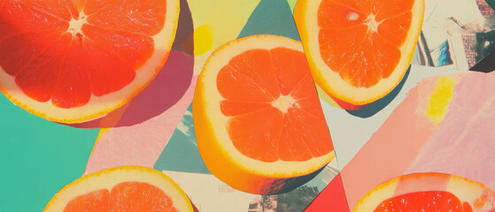 Poster - Geometric collage of citrus fruits with colorful textured paper background
