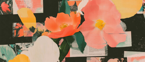 Poster - Minimalist collage featuring botanical elements and vibrant textures on a black background