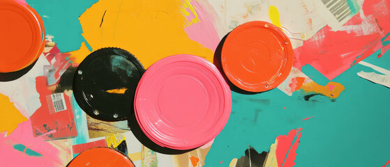 Poster - Mixed media collage featuring soda cup lids on colorful cardstock background