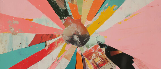 Poster - Radial collage with vibrant textures and abstract shapes from magazine cutouts