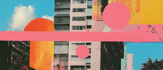 Poster - Minimalistic scrapbook collage showcasing urban geometric patterns and vibrant colors