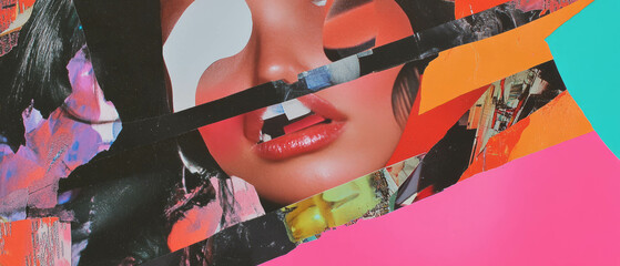 Poster - Minimalistic scrapbook collage featuring abstract magazine cutouts and vibrant textures