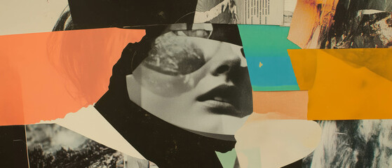 Poster - Minimalistic scrapbook collage featuring textured paper and magazine cutouts