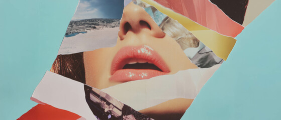 Poster - Minimalistic scrapbook collage featuring textured cutouts and three-dimensional elements